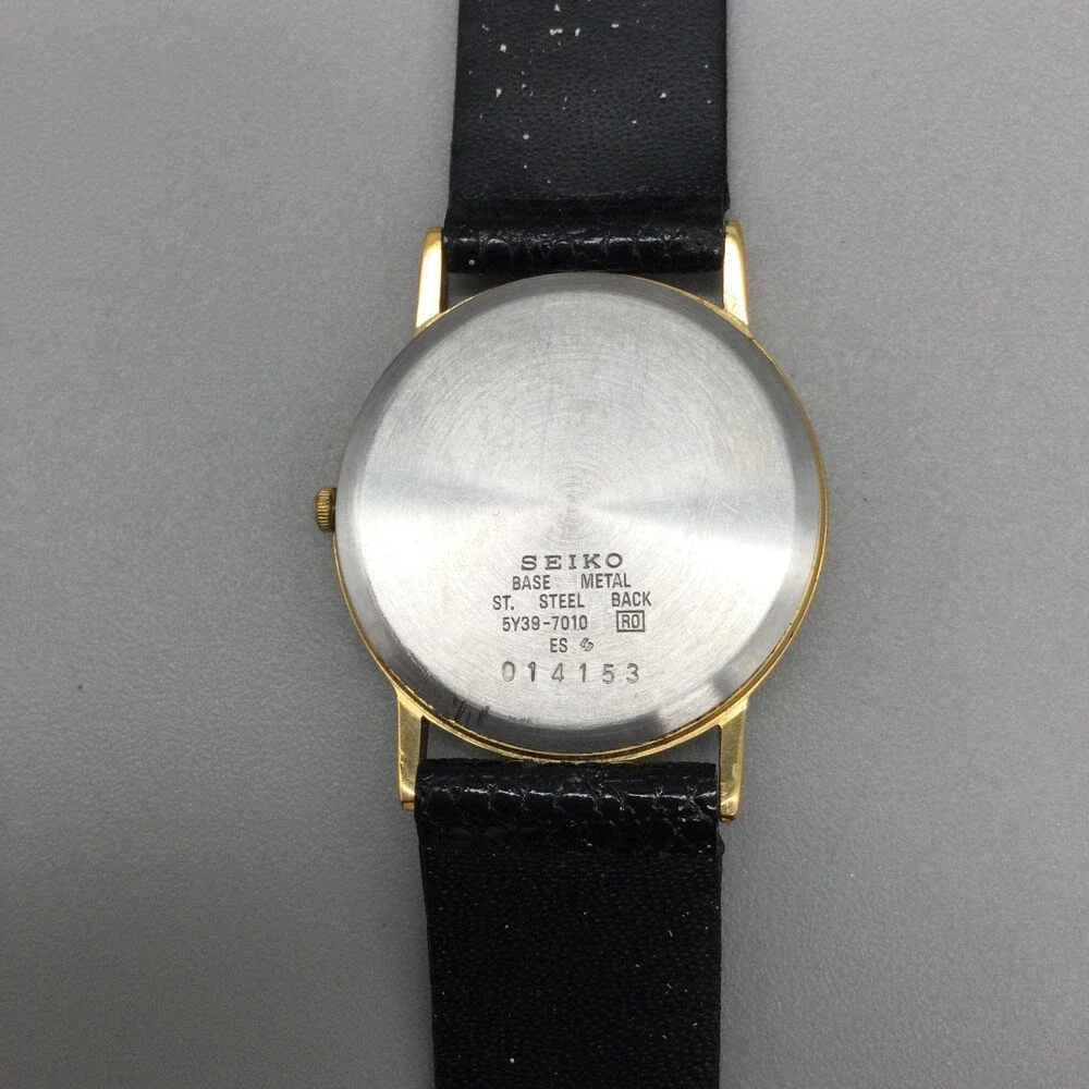 Vintage Seiko 5Y39-7010 Mens Watch 31mm Cream Dial Black Leather Not Running